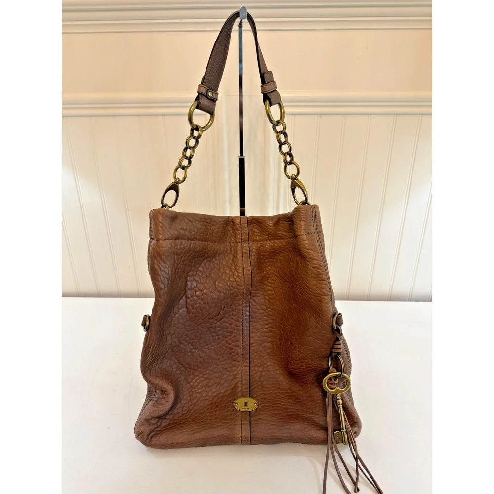 Fossil Shoulder Bag Womens Medium Brown Leather Long Live Vintage Hobo Tassel